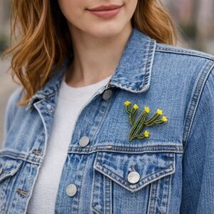 Green Cactus Brooch Pin Enamel Gold Tone Southwestern Boho Desert Jewelry Yellow